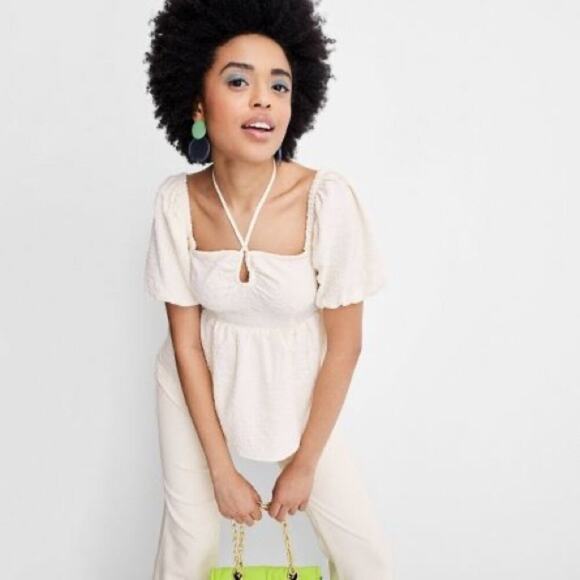 Future Collective Tops - Future Collective Textured Knit Square Tie Neck Puff Sleeve Top Cream XXL Plus